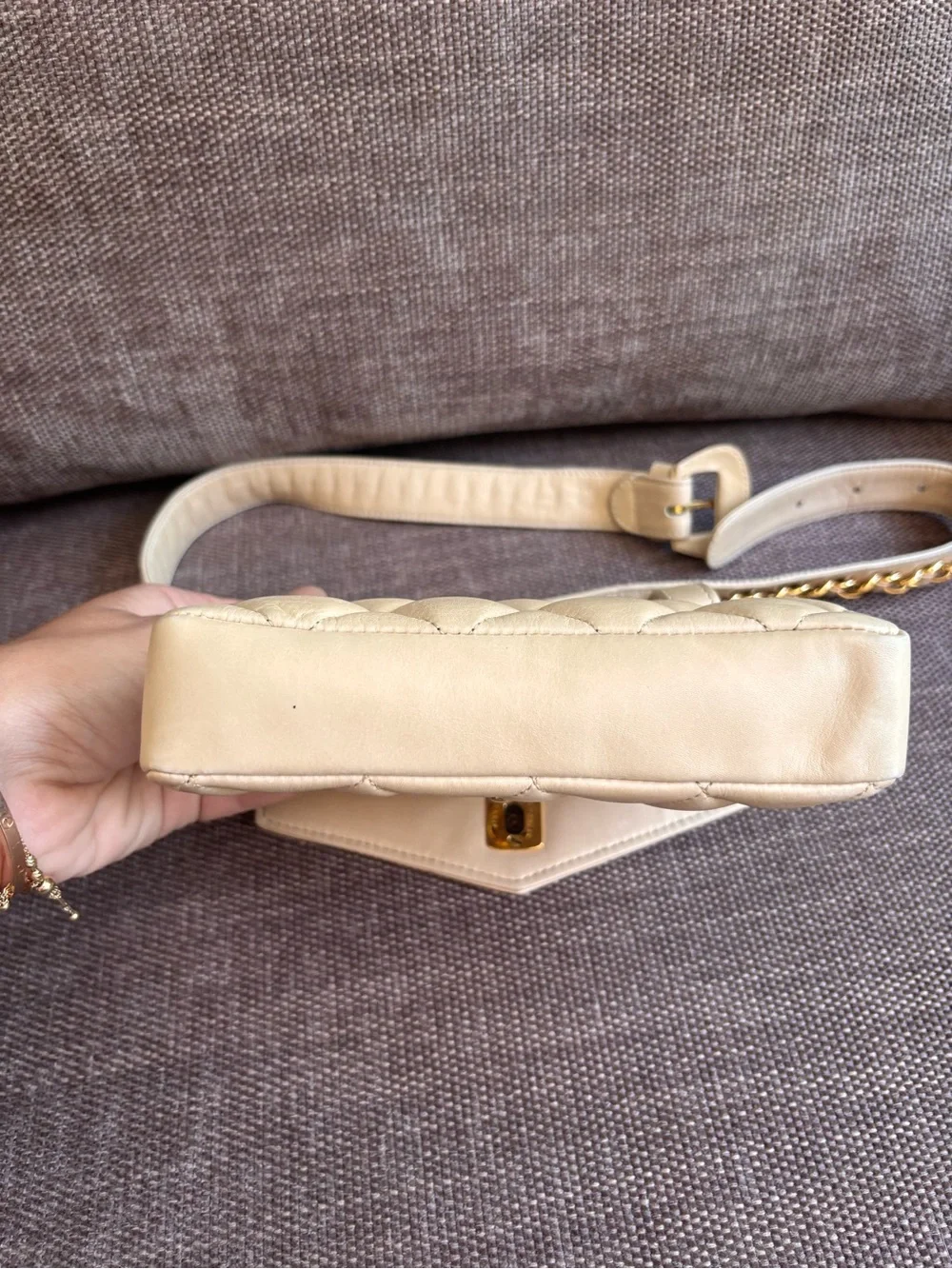 Authentic CHANEL vintage 1980s mini beige lambskin leather bum belt bag 75cm